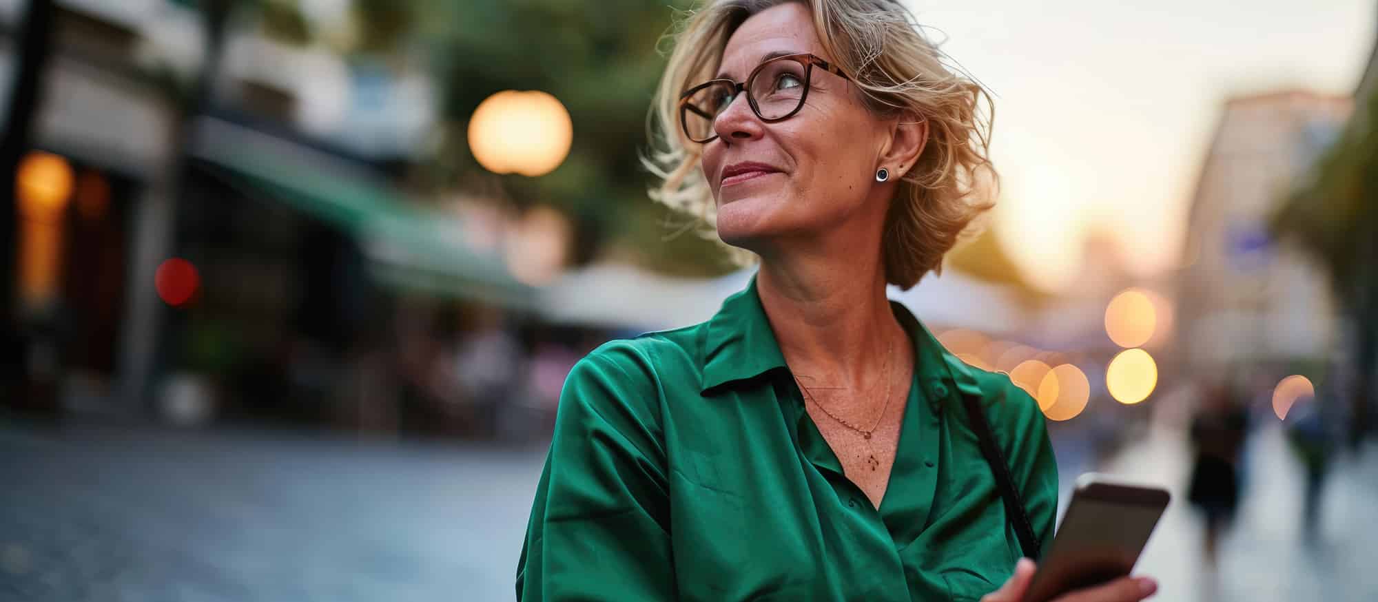 Woman in green shirt smiling while holding a phone, with blurred city lights in the background.