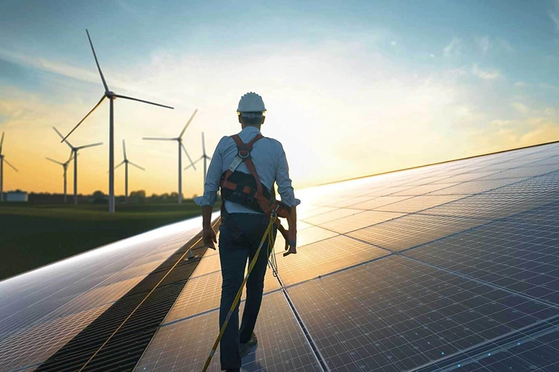 Worker wearing safety gear walking on solar panels with wind turbines in the background at sunset.