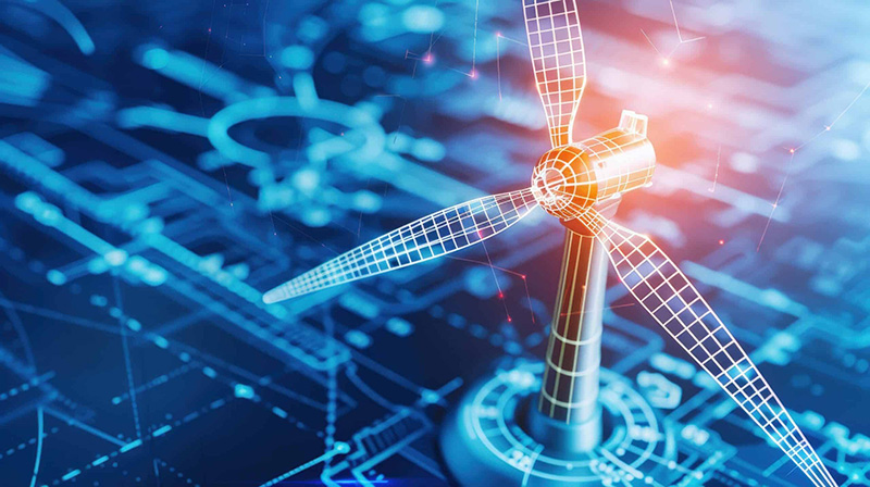 Futuristic 3D wireframe model of a wind turbine overlaid on a blueprint-style background.