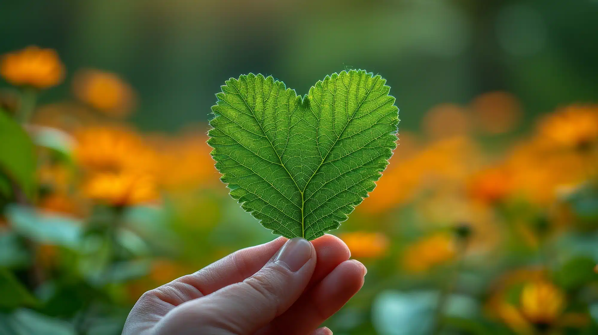 A hand holding a green heart-shaped leaf in focus, with bright orange flowers blurred in the background.