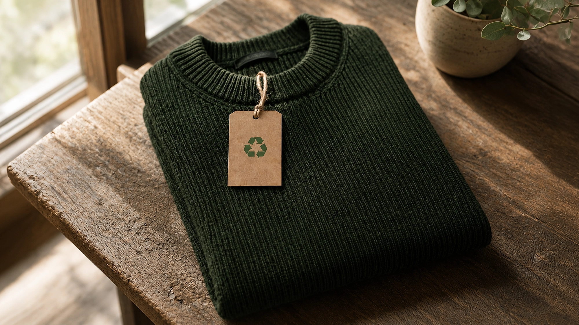 Folded dark green knit sweater on a wooden table with a recycled-paper tag featuring a green recycling symbol, photographed in warm natural light beside a small potted plant.