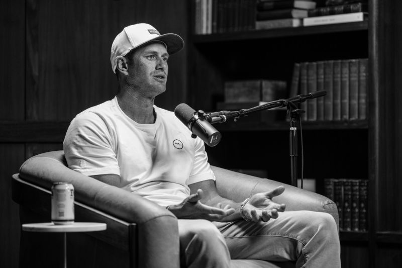 Cameron Bawden with a podcast host during an interview about entrepreneurship and leadership