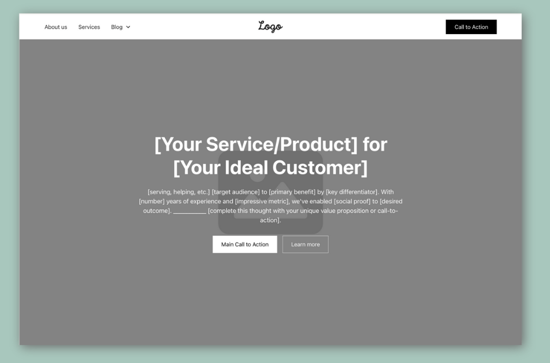 Website homepage wireframe showing a hero section with headline, supporting text, navigation menu, and call-to-action buttons