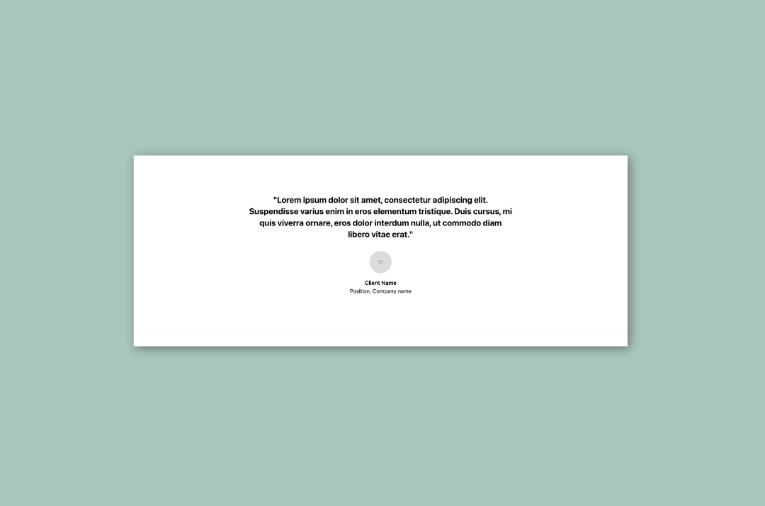 Testimonial card mockup with client quote, name, and position on a white card over a green background