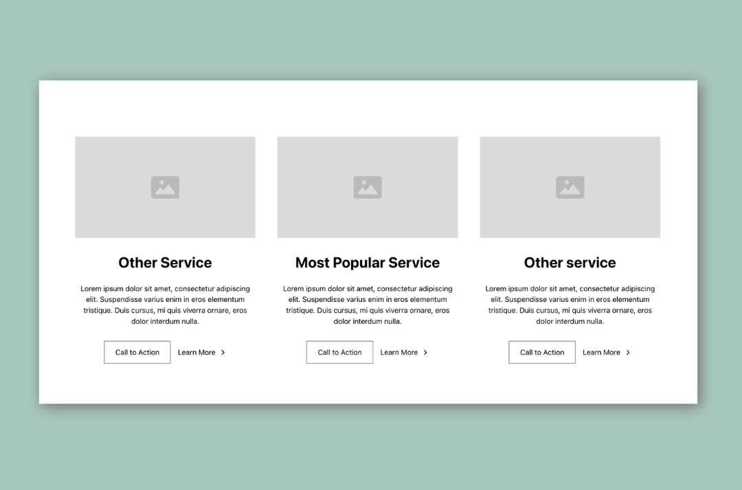 Services section mockup with three service cards, including a highlighted most popular service, image placeholders, descriptions, and call-to-action buttons