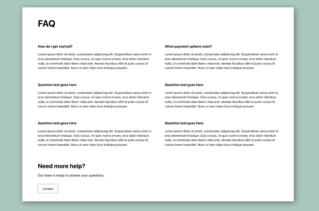 FAQ section layout with multiple questions and answers in two columns and a contact prompt at the bottom