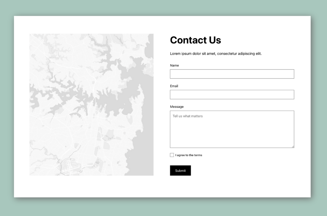 Contact form section with a map placeholder on the left and fields for name, email, and message on the right