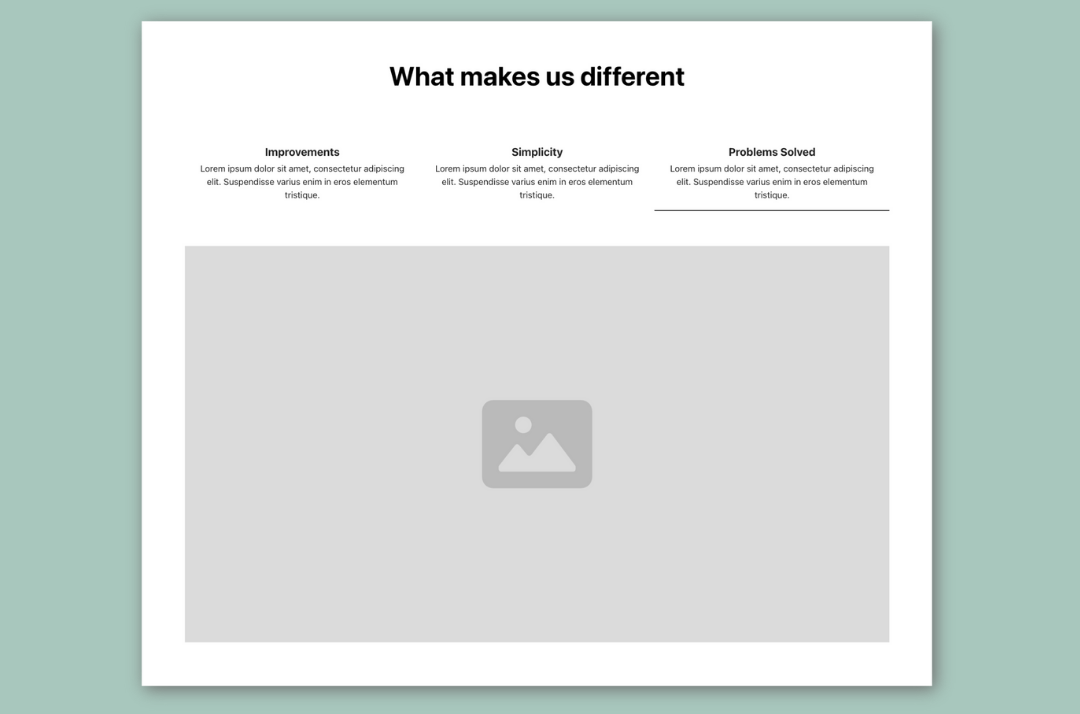 Website section mockup titled “What makes us different” with three feature columns and a large image placeholder below