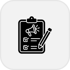 Icon of a clipboard with a checklist, a megaphone, and a pencil.