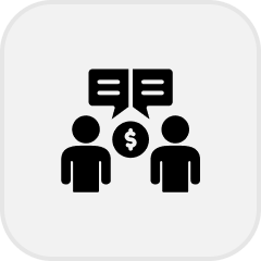 Icon of two people having a conversation with a dollar sign between them.