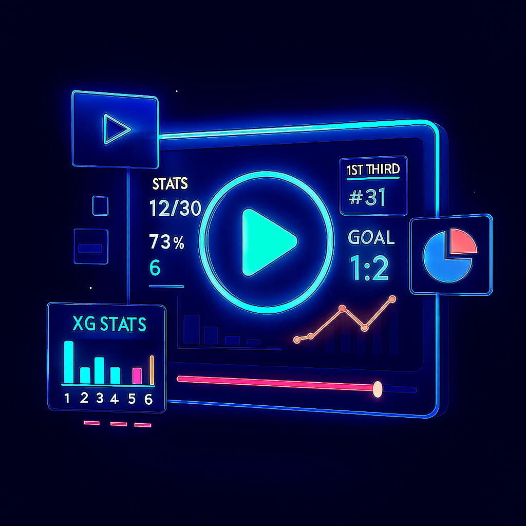 Digital illustration showing floorball statistics and events on futuristic dashboards — hero image for FloorballStats website.