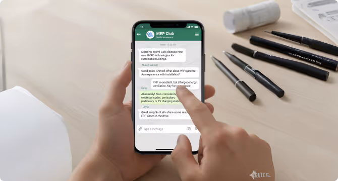Person holding phone showing MEP Club WhatsApp group