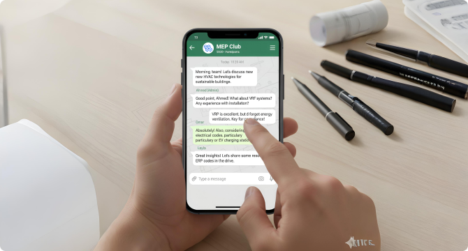 Person holding phone showing MEP Club WhatsApp group