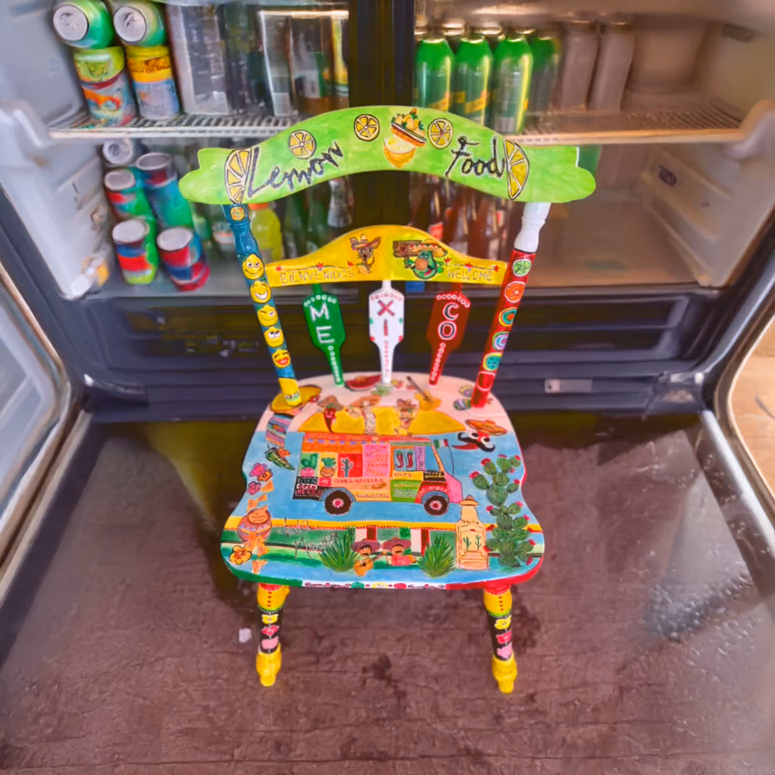 A colorful, hand-painted chair with Mexican motifs.