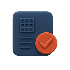 3D icon of a blue document with a grid and lines, and an orange circle with a checkmark in front.