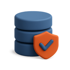 Blue database stack icon with an orange shield featuring a blue checkmark symbolizing data security.