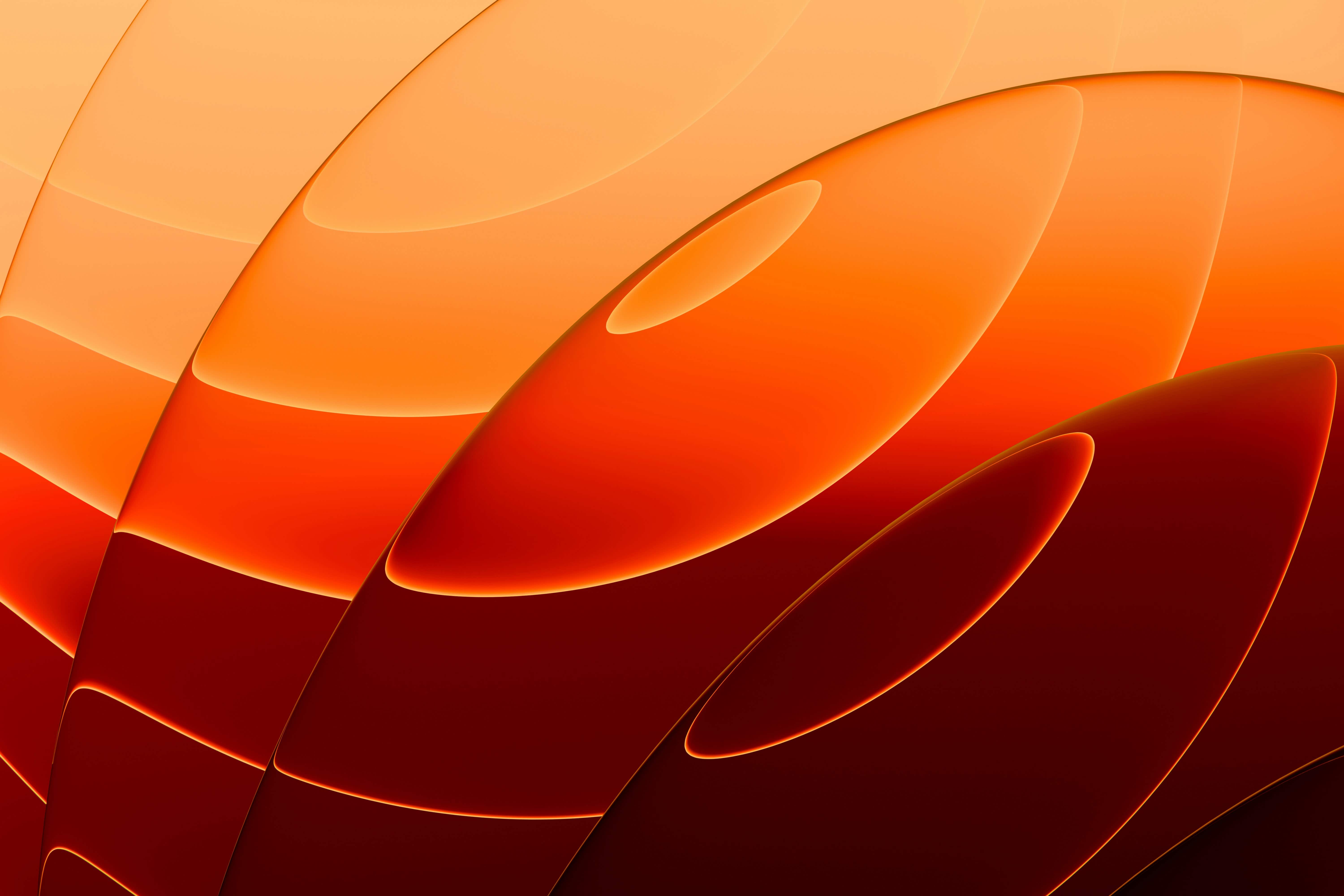 Abstract layered shapes in shades of orange and red with smooth curves and gradients.