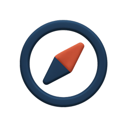 Round compass icon with a blue and orange needle inside a dark blue circular frame.