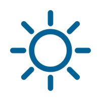 Blue outlined sun icon with rays extending outward.