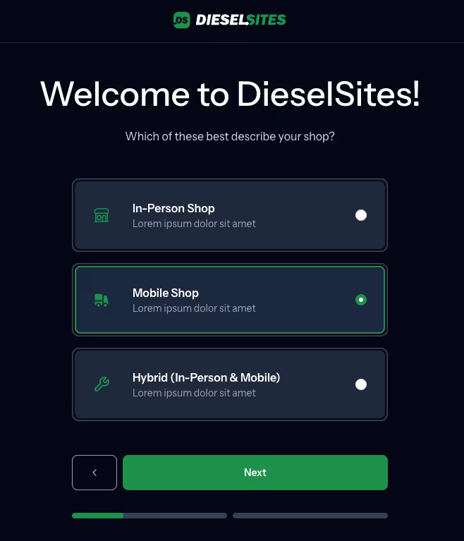 Website builder onboarding screen