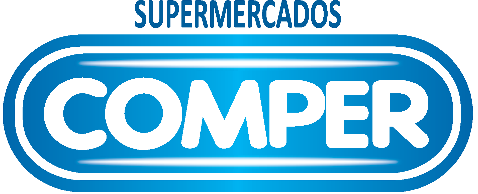 Logotipo azul com a palavra "COMPER" em branco e a palavra "SUPERMERCADOS" em azul escuro no topo.