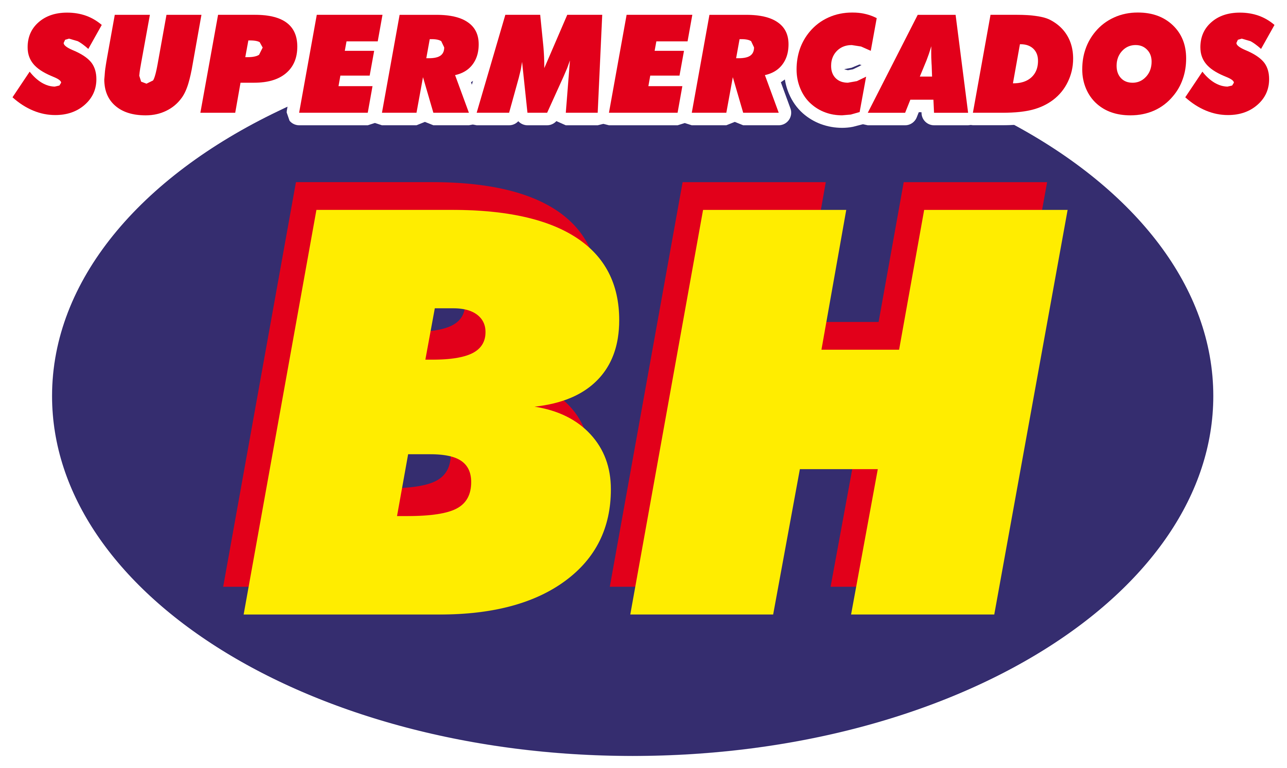 Logotipo dos Supermercados BH com letras grandes e amarelas BH em fundo azul, texto vermelho SUPERMERCADOS acima.