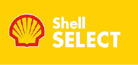 Logotipo da Shell com a palavra SELECT em fundo amarelo.