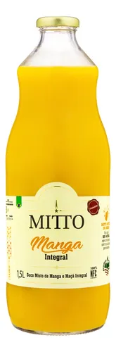 Garrafa de 1,5 litro de suco integral de manga Mitto com tampa dourada.