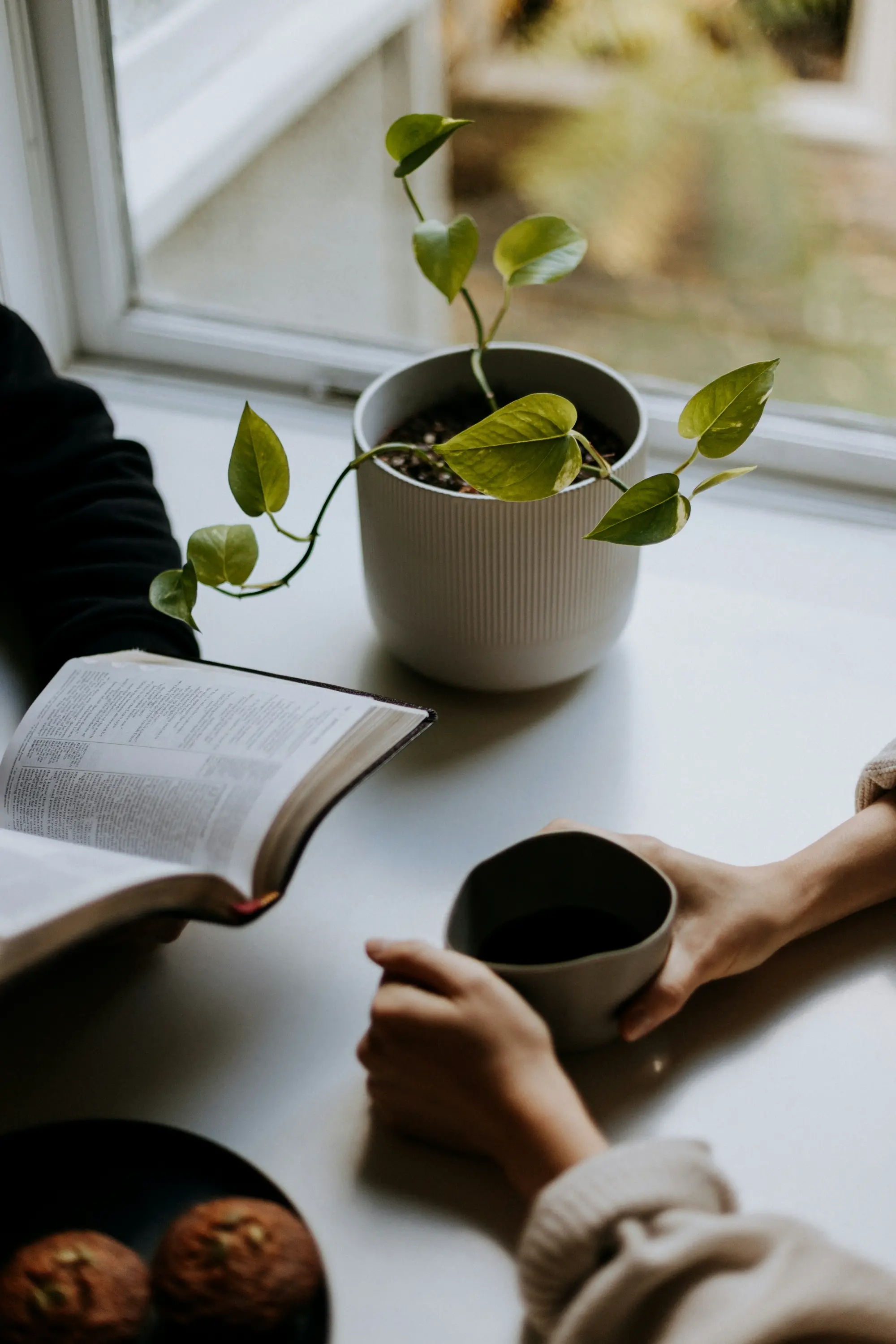 Two hands holding a coffee cup and an open Bible on a table, with a potted plant and two baked goods beside them.