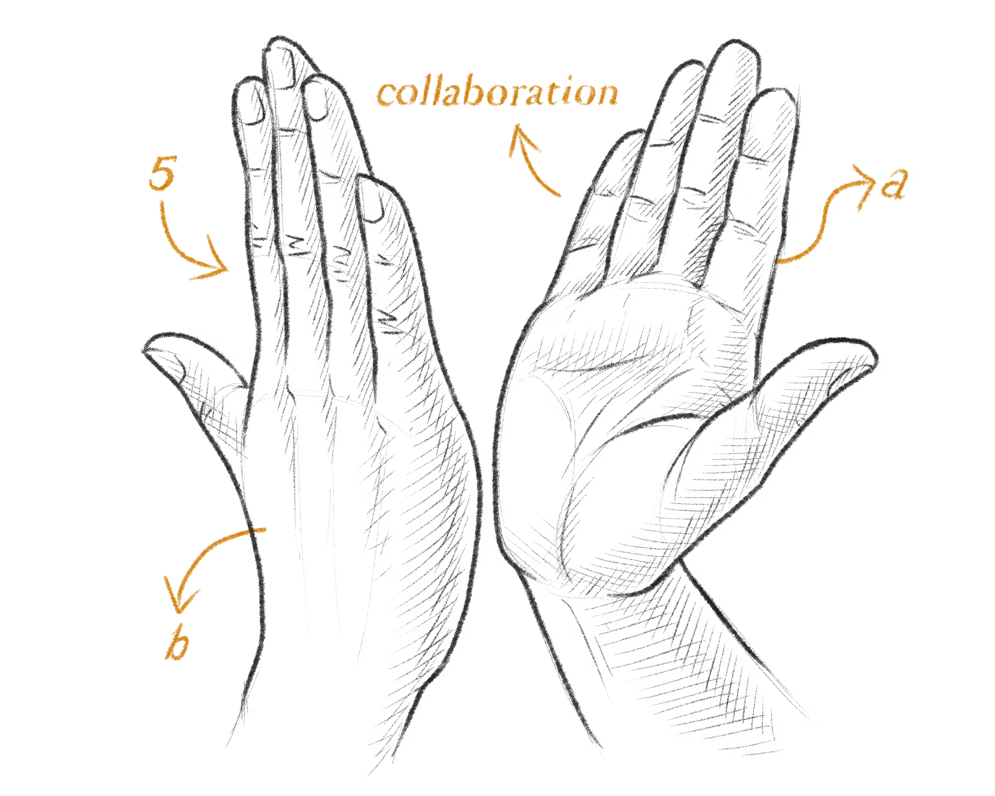 Illustration in the style of a hand-drawn patent of a high five.