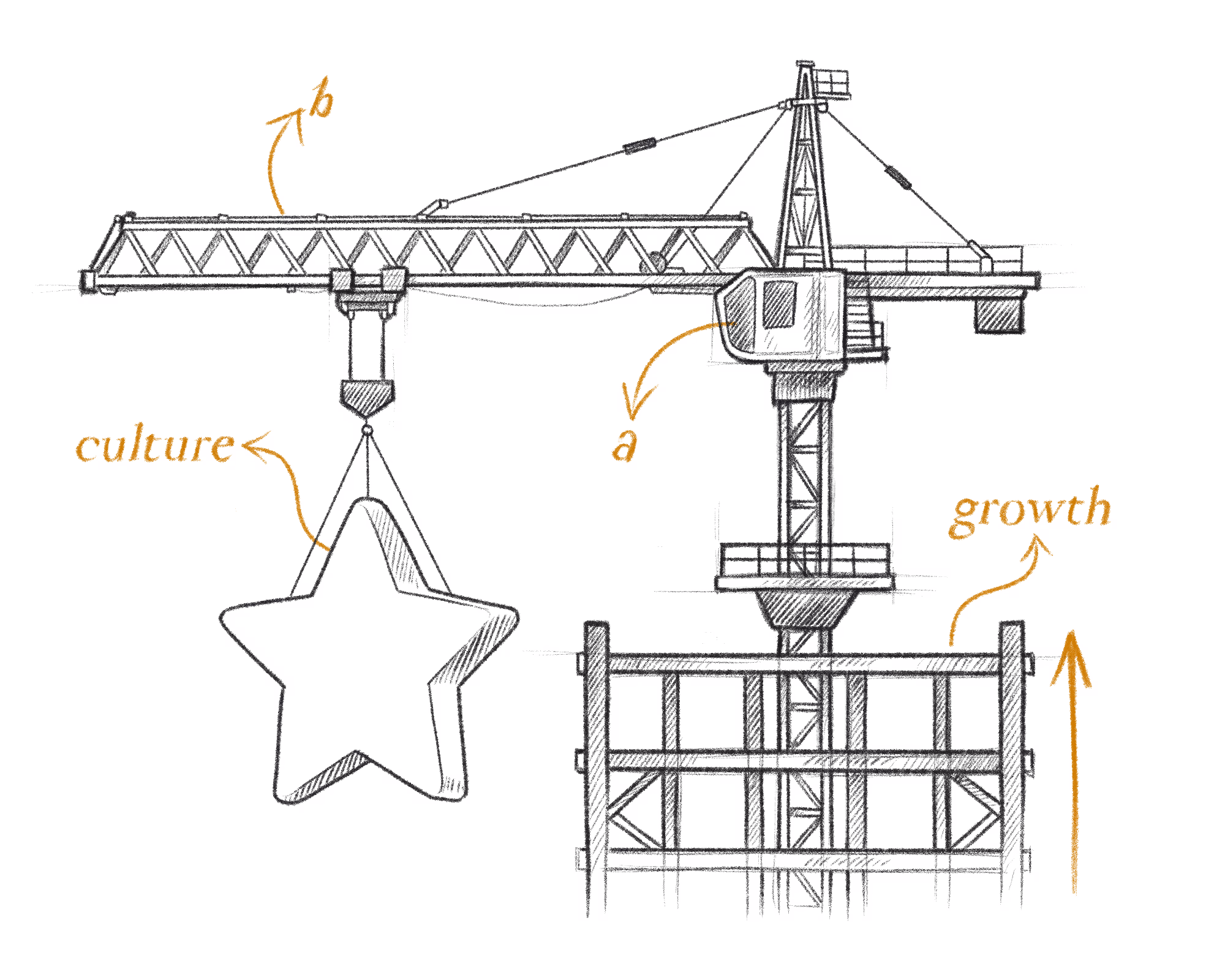 Illustration in the style of a hand-drawn patent of a construction crane lifting a star.