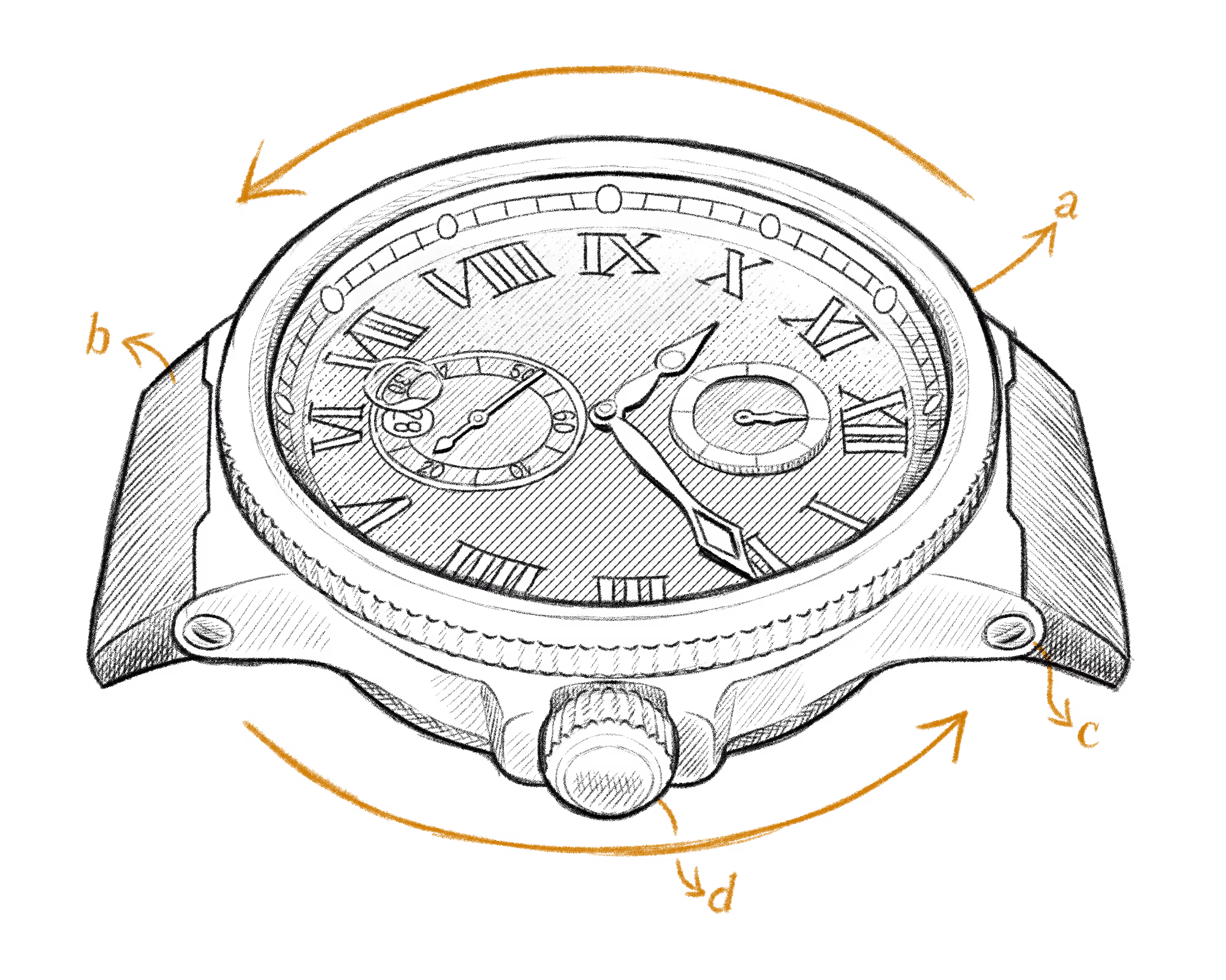 Illustration in the style of a hand-drawn patent of a watch.