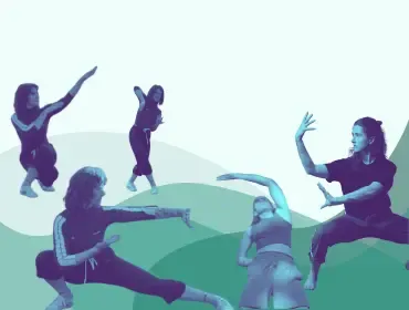 Personen in unterschiedlichen Kampfkunst-Positionen mit verspieltem Hintergrund.