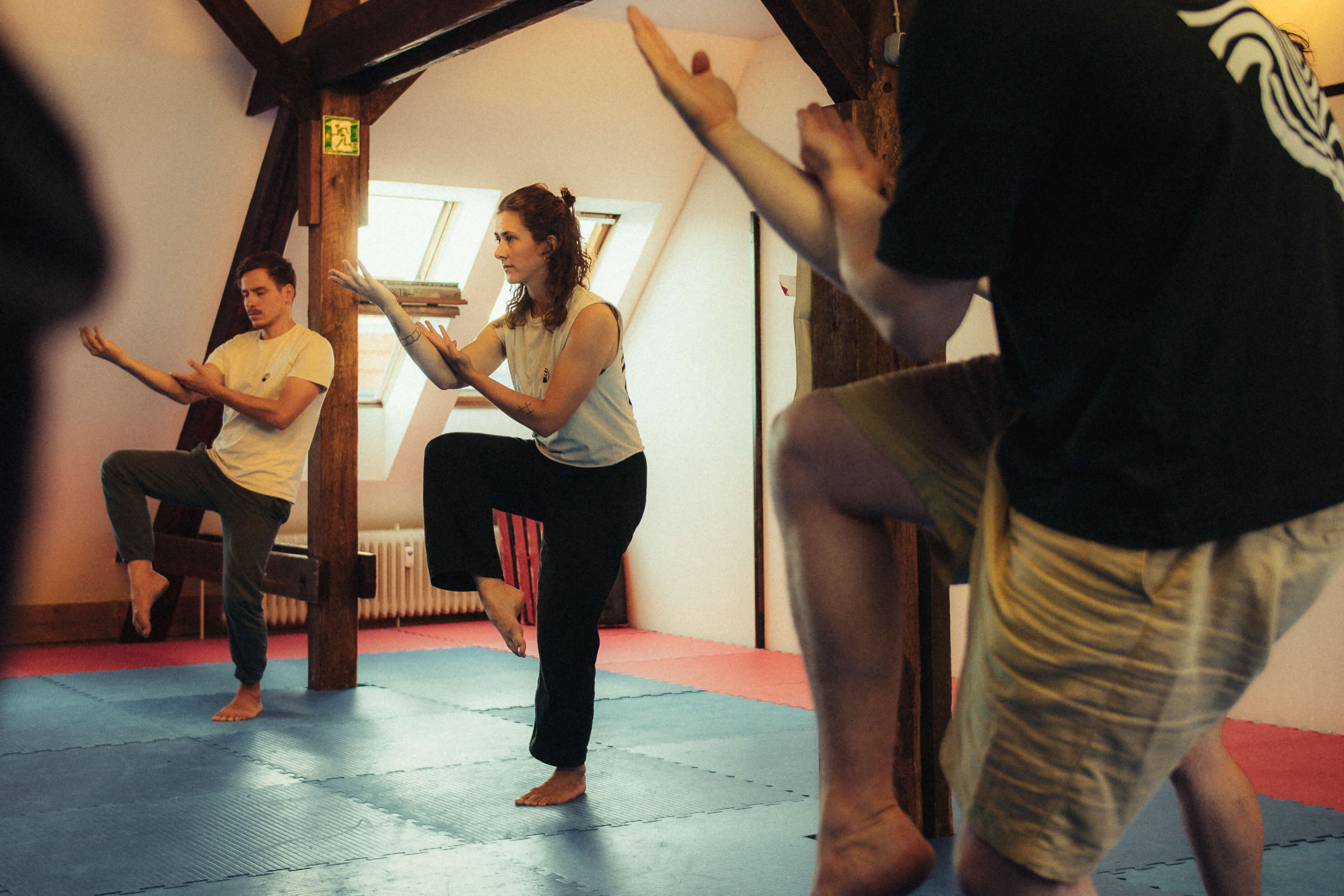 Teilnehmende einer Qi-Gong-Klasse stehen in konzentrierter Haltung auf einem Bein und üben fließende Armbewegungen in einem hellen Trainingsraum.