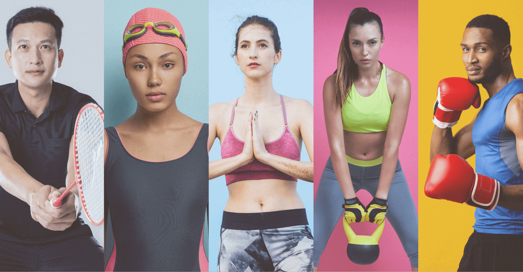 Fünf Personen aus verschiedenen Sportarten – Badminton, Schwimmen, Yoga, Krafttraining und Boxen – nebeneinander dargestellt.