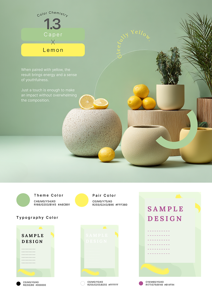 A playful and energetic color pairing using Caper green (#A6CB91) with a bright lemon yellow (#FFF360). The palette is supported by minimal typography colors in black and white, designed to create a fresh, youthful tone with just a pop of brightness.