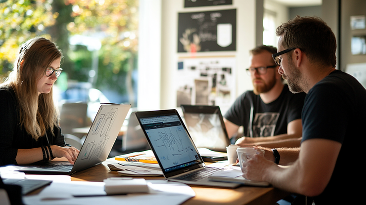 Seattle small business owner discussing web design layout with boutique agency team in creative studio.