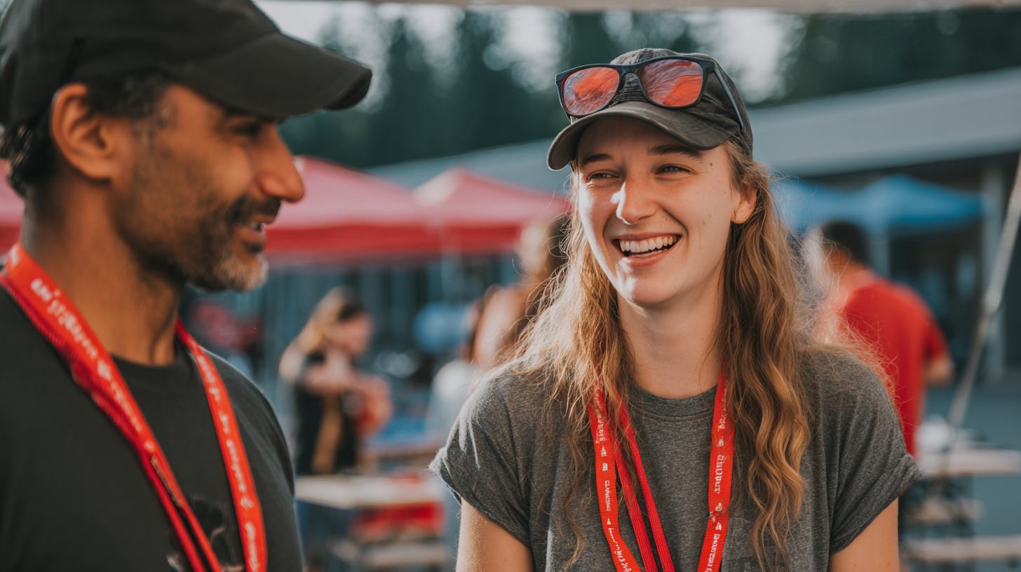 Causeworx volunteers wearing red lanyards smiling during outdoor team event with tents in background