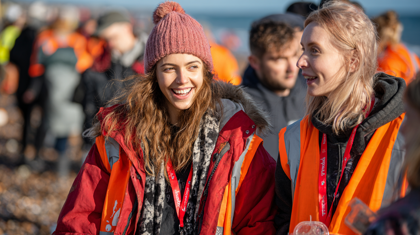 Causeworx volunteers in orange vests smiling during community cleanup event near beach