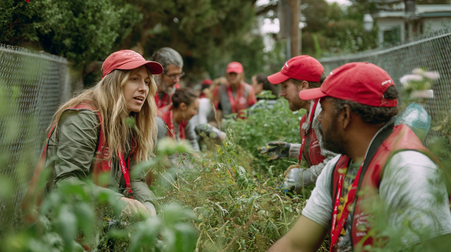 Causeworx volunteers in red hats and vests working together on community garden project