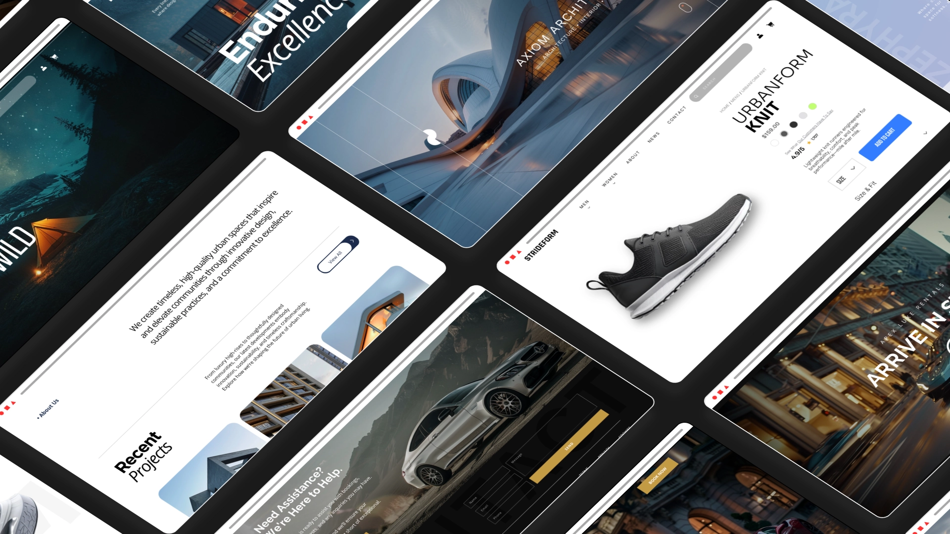 website designs laid out in a diagonal manner