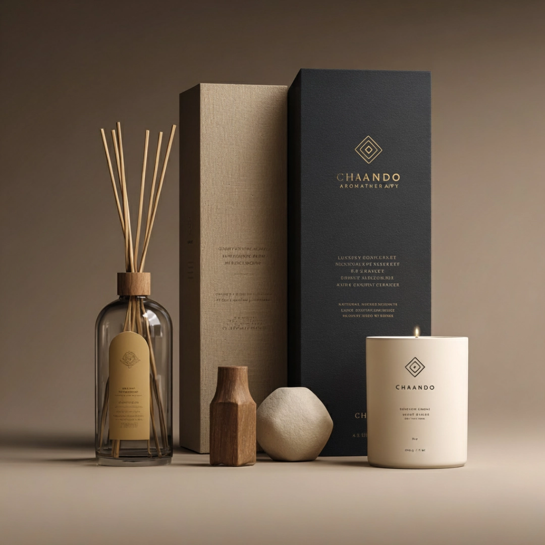 diffuser and packaging displayed in a row