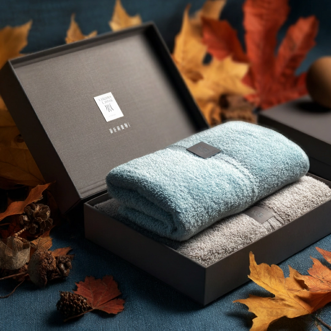 packaging box of a high-end towel brand with leaves in the background