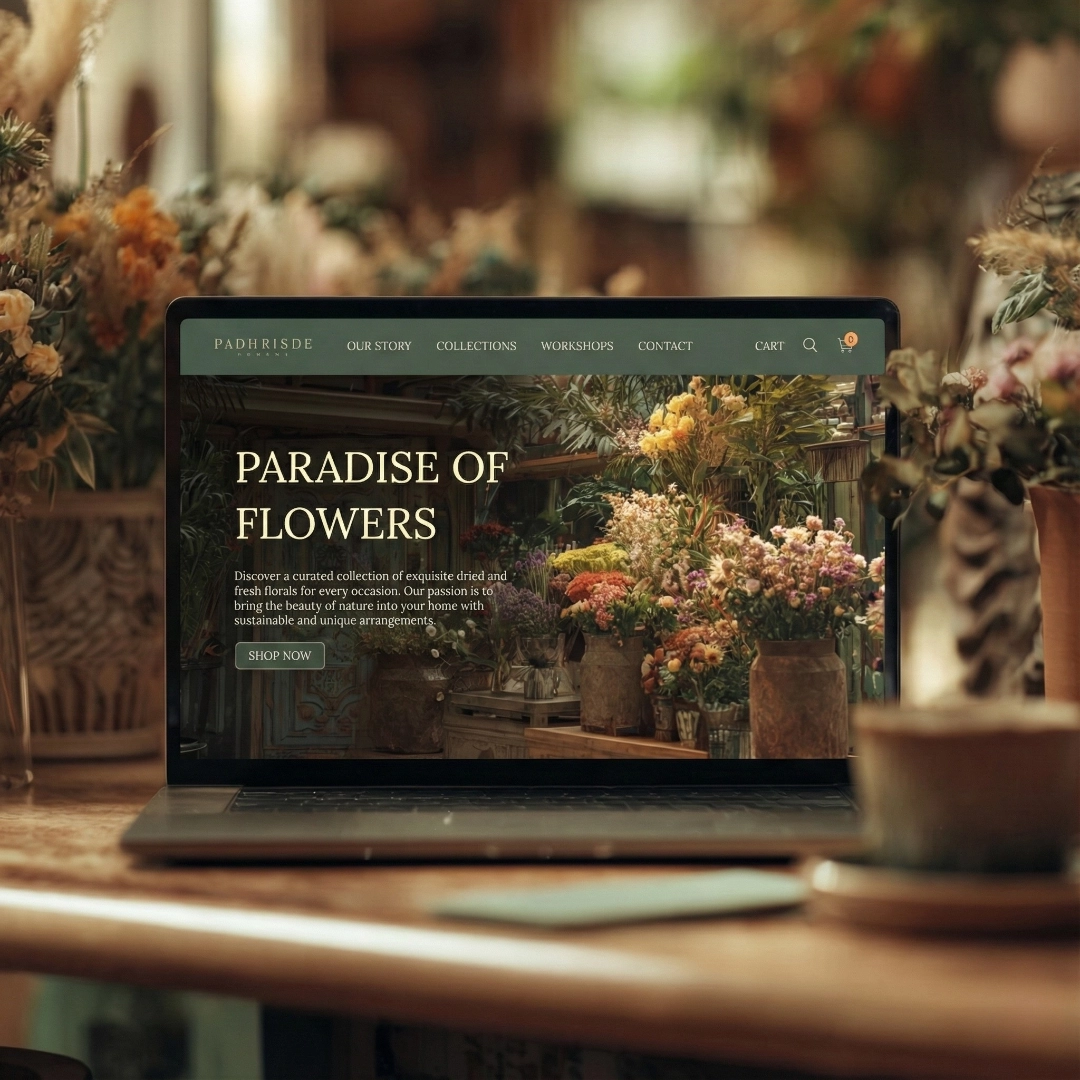 A laptop sits on a wooden table displaying a floral shop website with lush bouquets and plants in the background, creating a warm and inviting atmosphere.