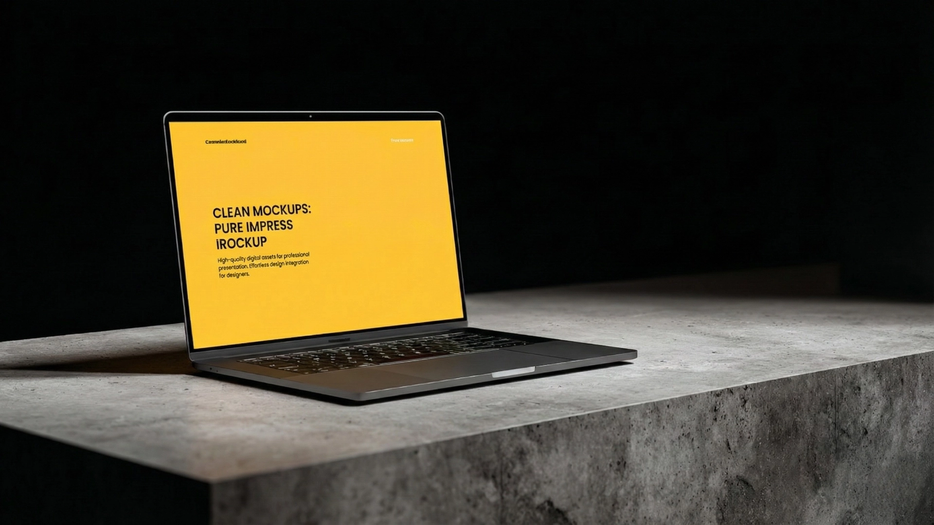 A sleek laptop sits on a concrete surface with a bright yellow mockup screen displayed, set against a dark minimalist background.