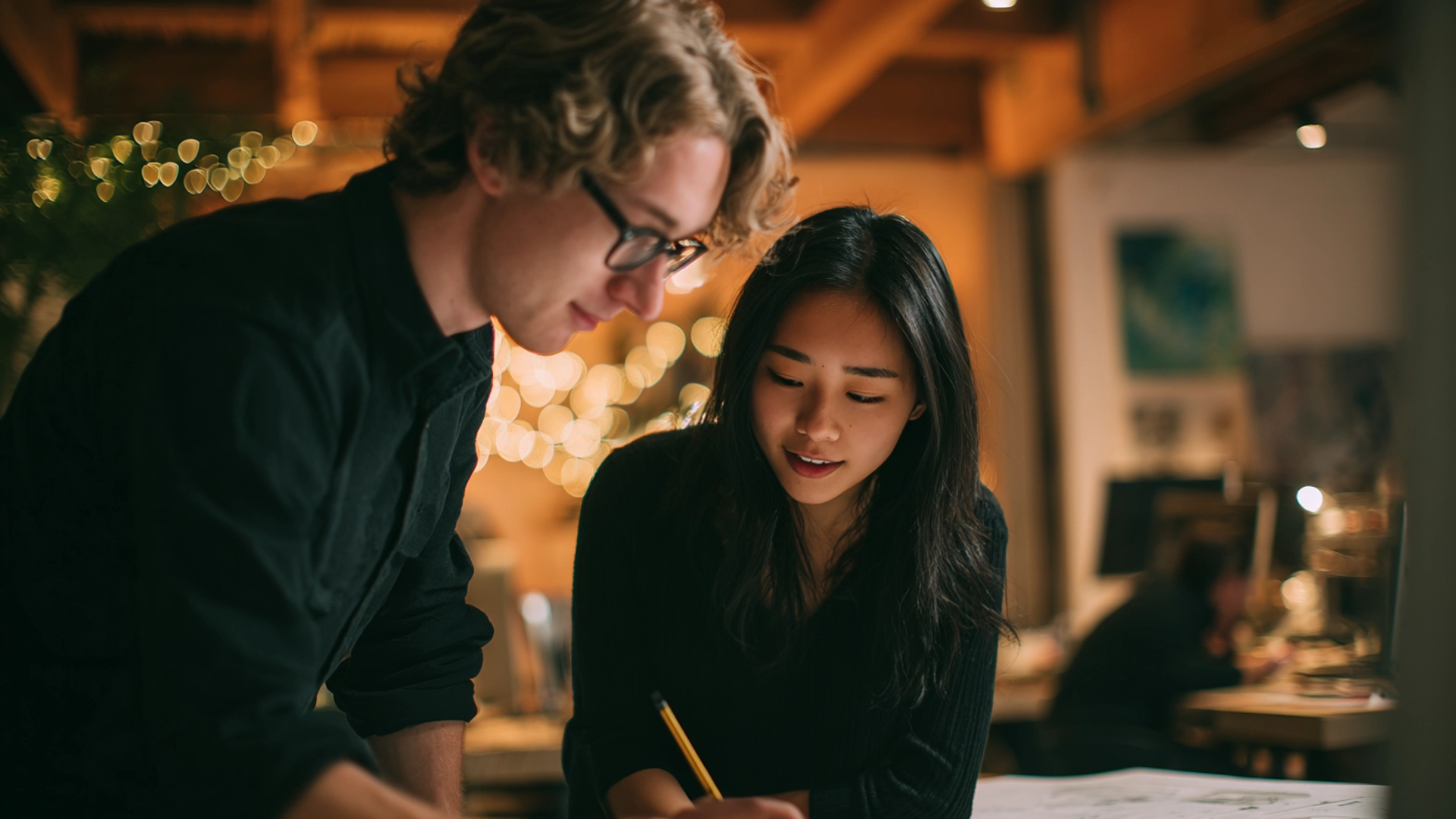 Two coworkers lean over a desk reviewing notes together in a warmly lit office, with soft string lights blurred in the background.