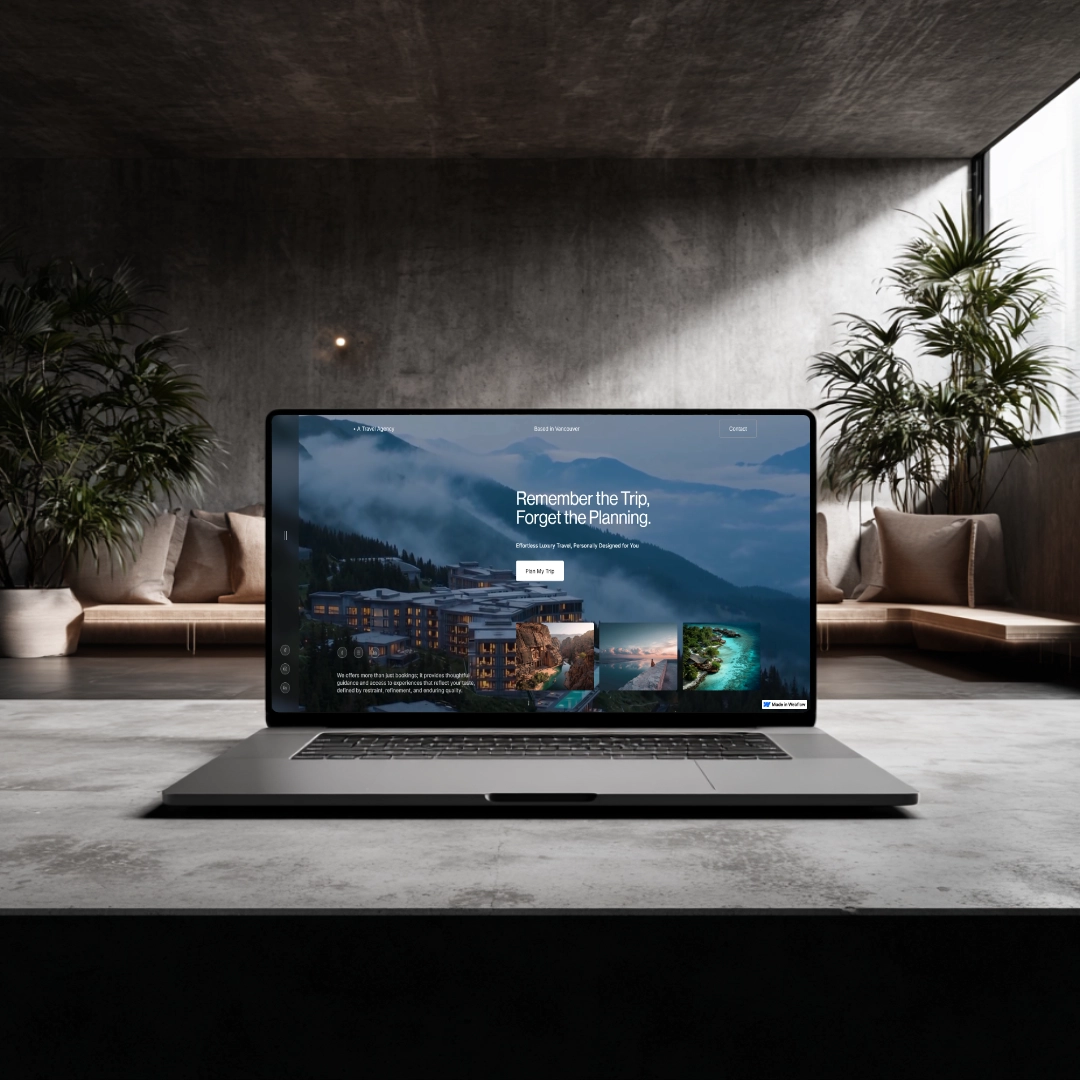 Luxury travel agency website redesign mockup displayed on a laptop, showcasing a modern, high-conversion UI/UX transformation with a focus on premium aesthetics and effortless user navigation.