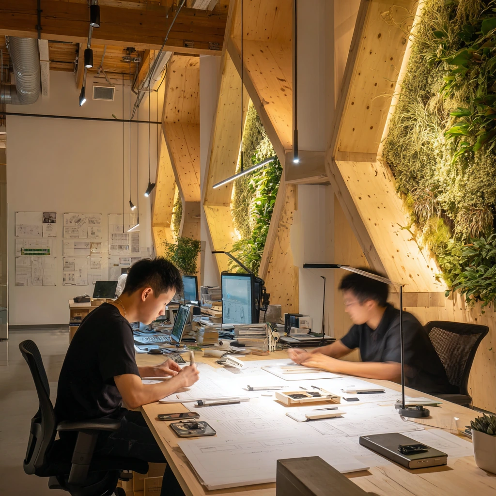 Two designers working at a studio desk with blueprints and laptops, surrounded by a living plant wall and timber structure — Parabolic Studio web design team in Vancouver