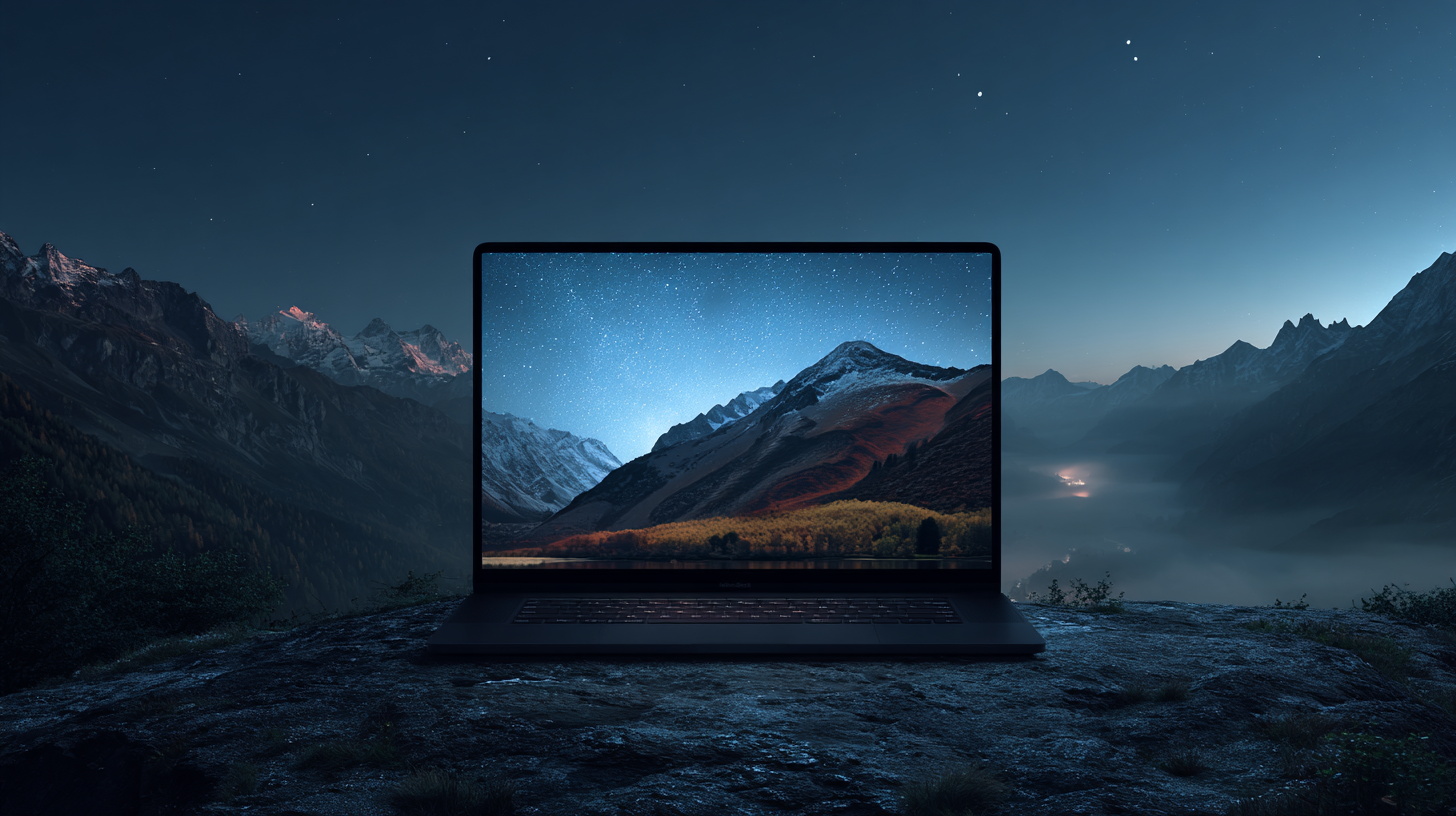 A laptop open in a dramatic mountain setting at night, representing ecommerce website design for Canadian small businesses.