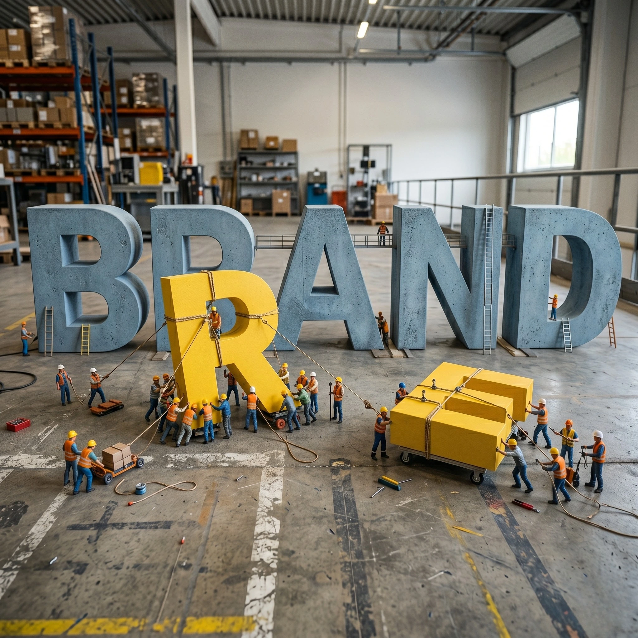 Miniature construction workers in a warehouse assembling giant yellow and grey letters to form the word "BRAND," illustrating the process of rebranding for small businesses and developing brand identity packages in Vancouver.